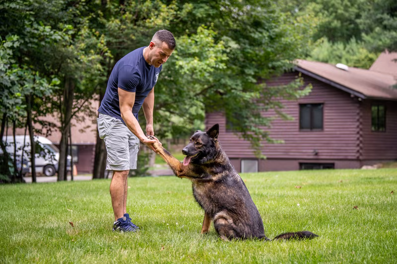 A trainer and a German Shepherd shaking paws on the great lawn at The Maddie Ranch.